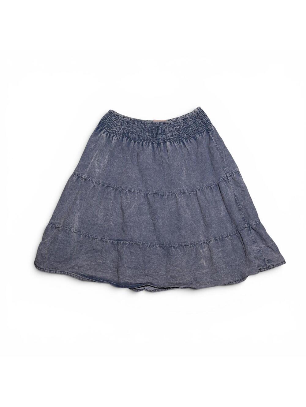Vintage Tiered Denim Skirt with Shirred Elastic Waistband